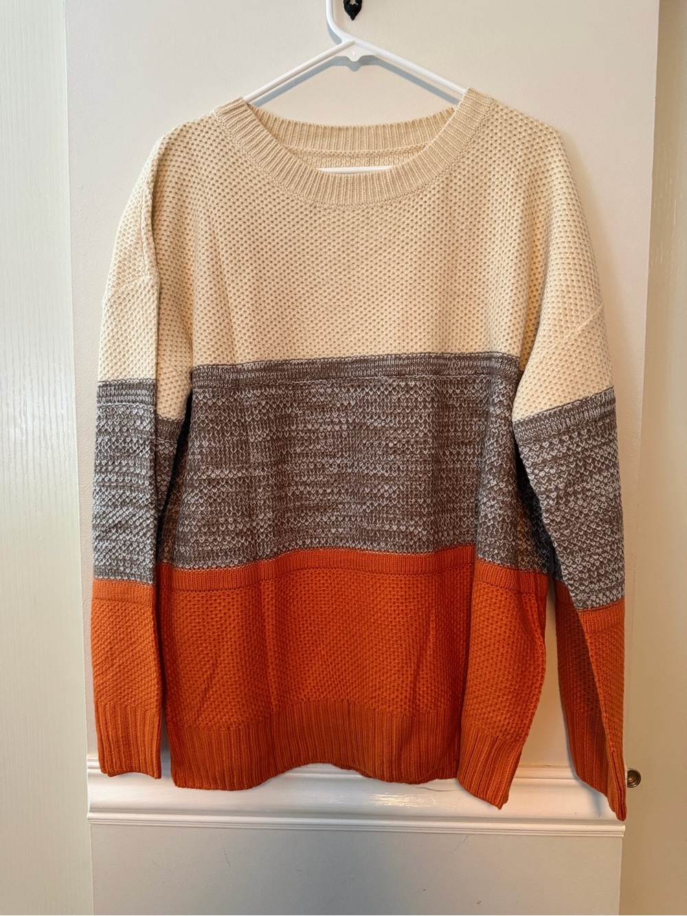 Colorblock Knit Sweater - Cream, Gray & Orange